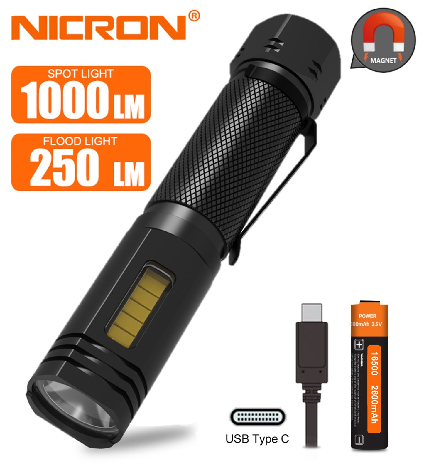NICRON Taschenlampe WL81 1000 LM Weißlicht Starker Magnet