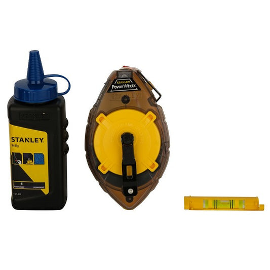 Stanley POWERWINDER 30 m Anreißleine – Inklusive Wasserwaage und Blauer Kreide